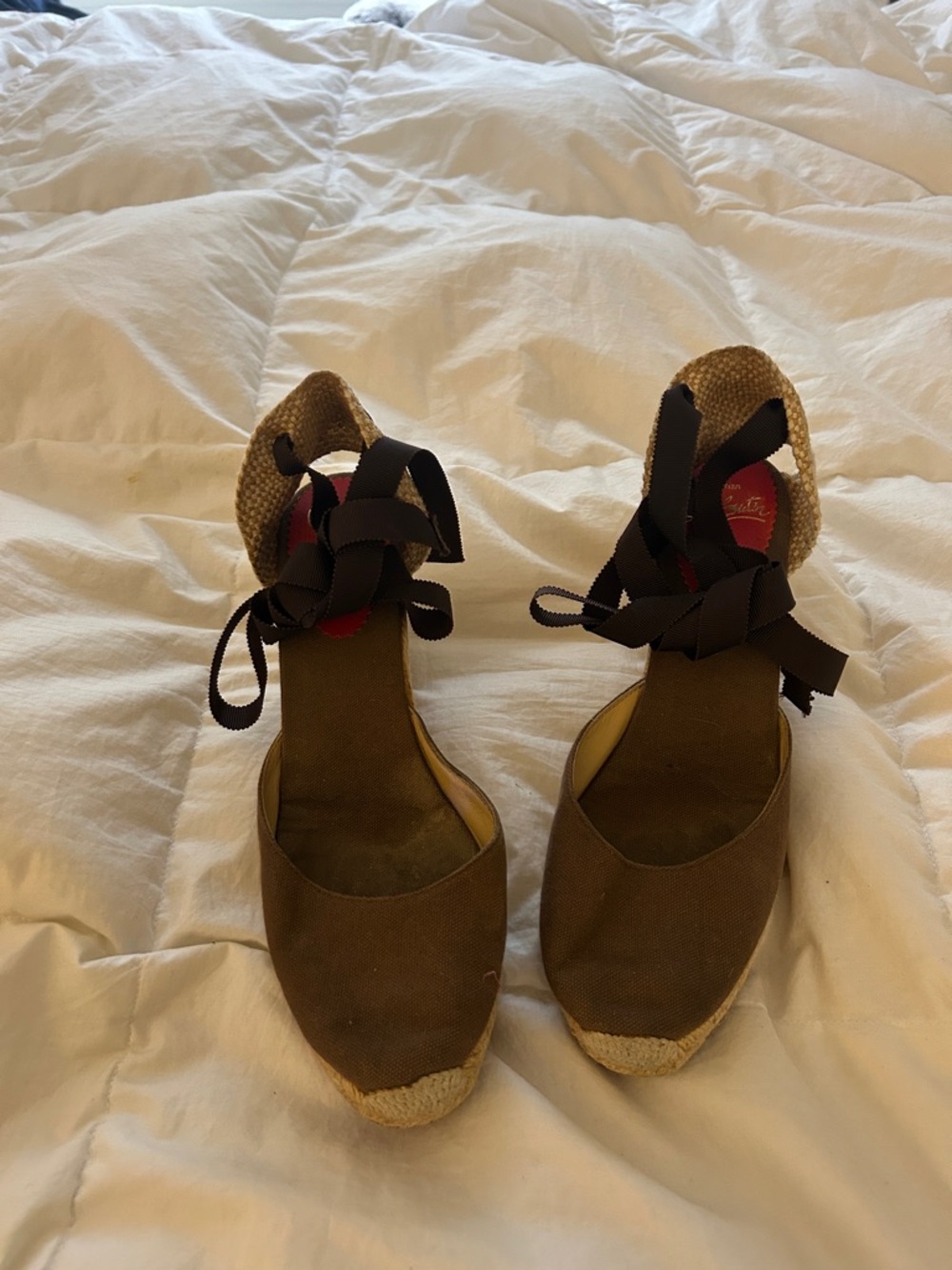 Women’s Brown Christian Louboutin Canvas Espadrille Wedge with satin tie